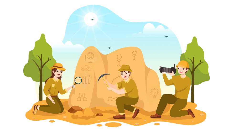 Illustration of marketers engaging in Groundwork Discovery, analyzing data symbols on rocks with tools like magnifying glass, pickaxe, and camera, symbolizing research, strategy, and insights.