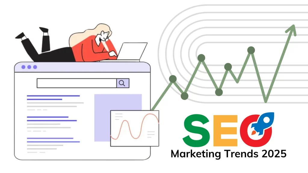 Illustration of a person on a laptop, exploring search results, with a rising graph symbolizing growth. The text 'SEO Marketing Trends 2025' highlights innovations in SEO strategy for better rankings and success.