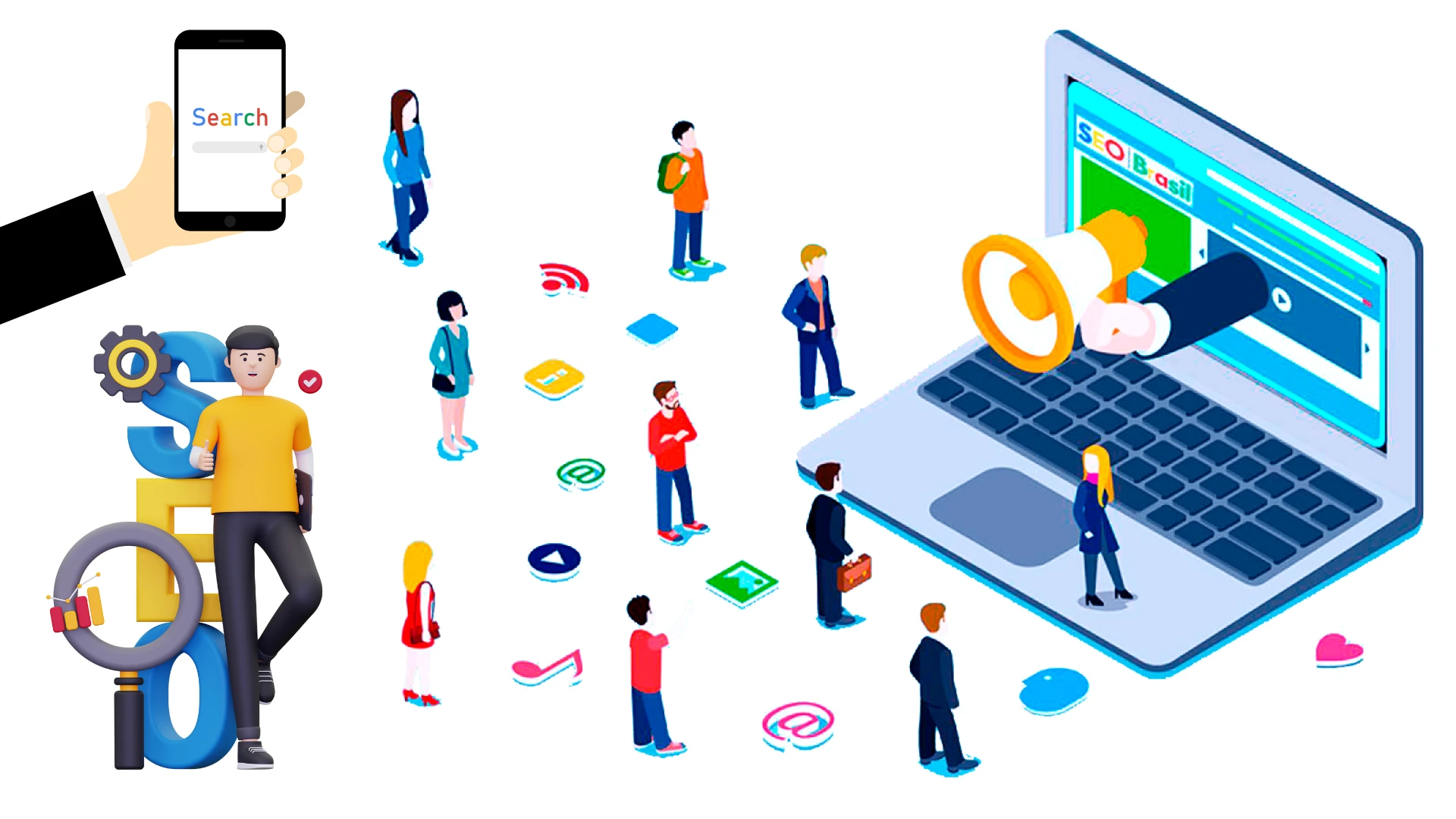 Illustration of Website SEO showing a mobile search, SEO icons, a laptop with analytics, and people engaging online, representing strategies to boost website traffic and visibility.