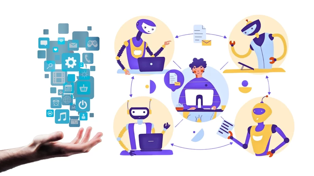 An illustration showcasing AI applications in digital marketing, featuring AI-powered chatbots, automation, and virtual assistants improving customer interactions and marketing efficiency.