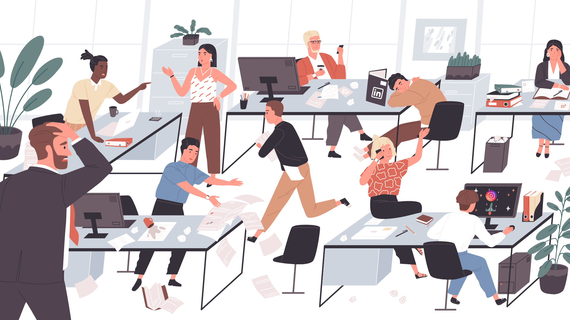 A chaotic office scene showing employees overwhelmed and struggling to manage multiple tasks, symbolizing the complexity and challenges of implementing digital marketing strategies effectively.