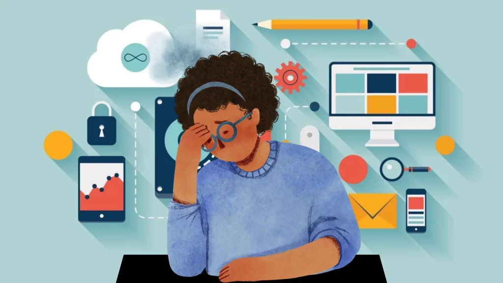 Illustration of a businesswoman looking stressed while surrounded by digital marketing icons such as charts, emails, and social media symbols, representing the difficulties businesses face in navigating and executing digital marketing strategies.