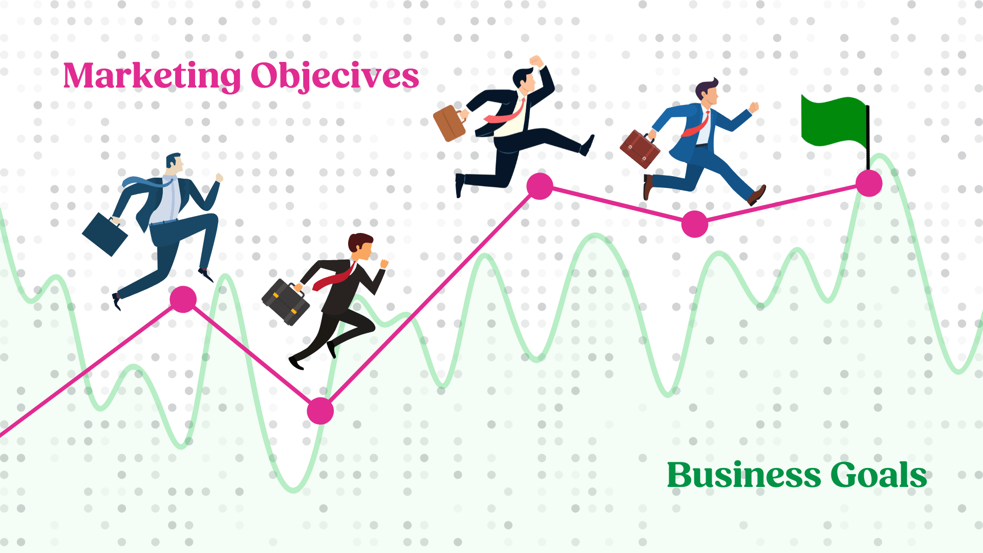 Illustration of professionals climbing a growth chart, symbolizing the alignment of marketing objectives with business goals to achieve organizational success and drive measurable outcomes