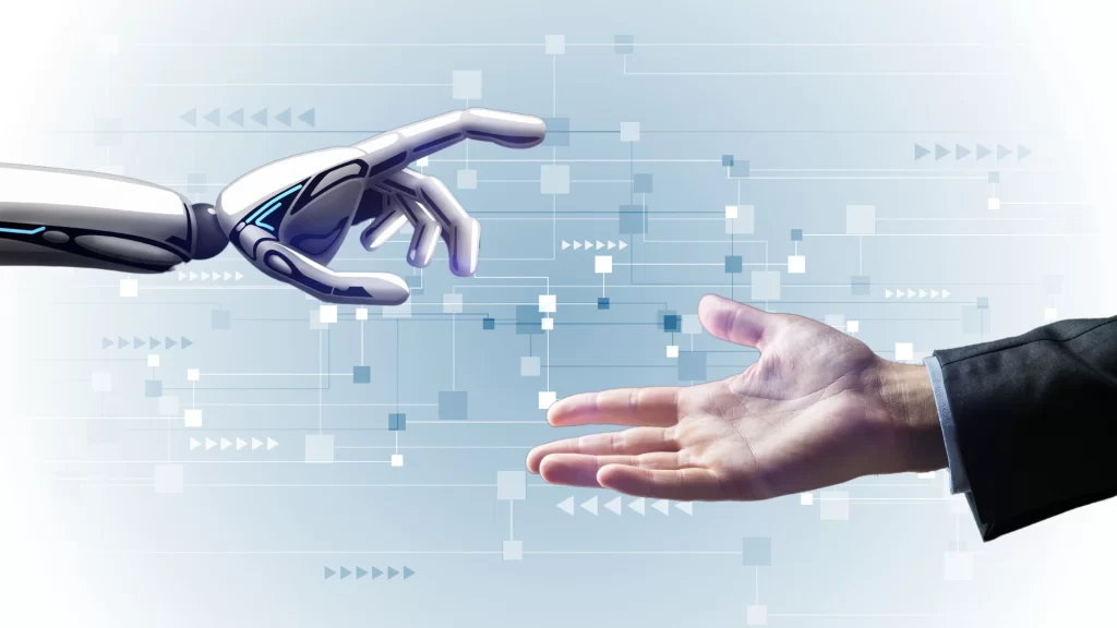 Illustration showing a robotic hand reaching out to a human hand, symbolizing the partnership between humans and an AI Text Generator to create high-quality, engaging, and human-like content for modern audiences.