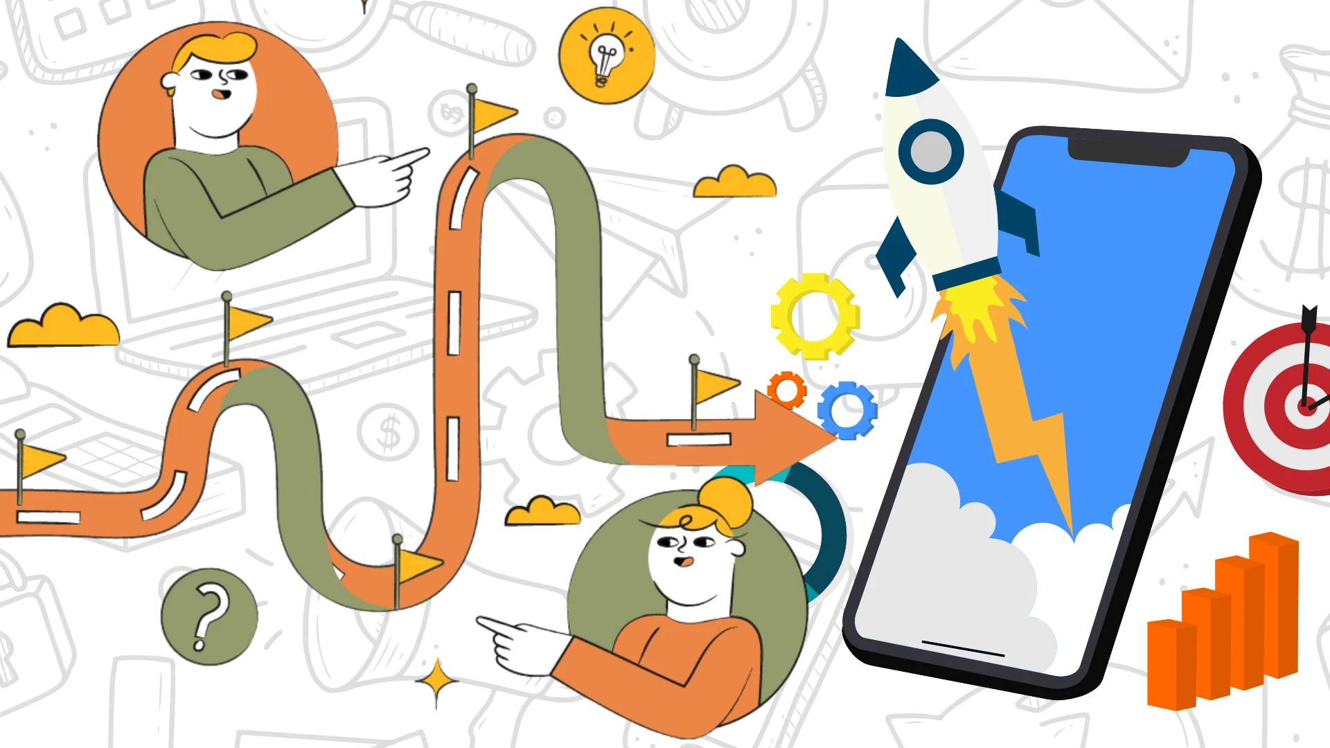 An illustration of a digital marketing roadmap showing key elements like goal setting, audience targeting, and execution strategies, with visual elements such as a rocket launch, directional signs, and data analytics to symbolize growth and strategic planning in digital marketing.