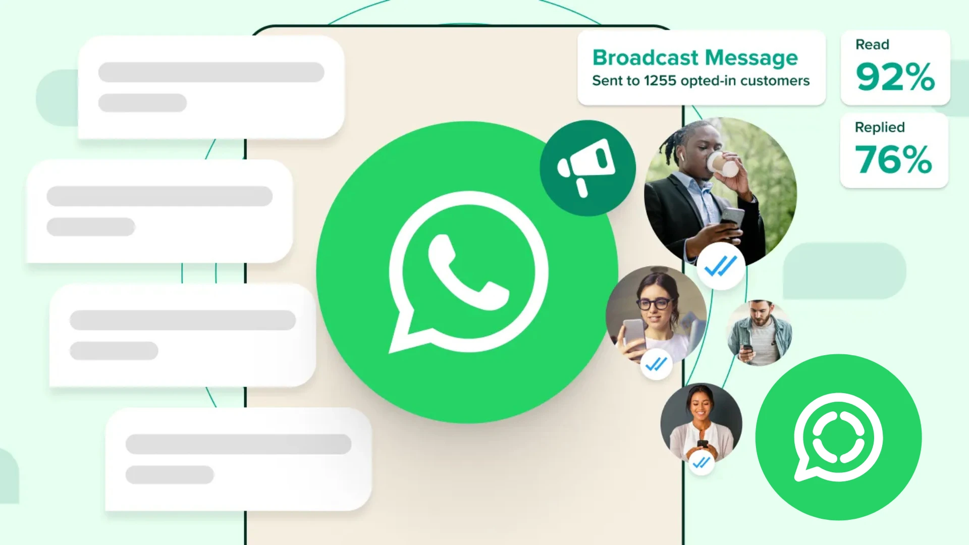 An infographic showcasing WhatsApp Broadcast features, emphasizing high engagement metrics like 92% read rate and 76% reply rate. It highlights personalized messaging, automation, and direct customer communication for businesses to enhance reach and interaction efficiently.