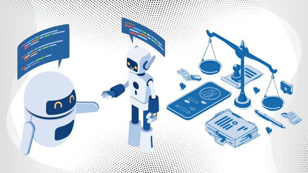 Illustration depicting two robots collaborating to create AI-generated text while balancing legal and ethical considerations, featuring scales of justice and compliance tools. Highlights the transformation of AI-generated text into legally compliant, human-like content using ethical AI practices and tools.