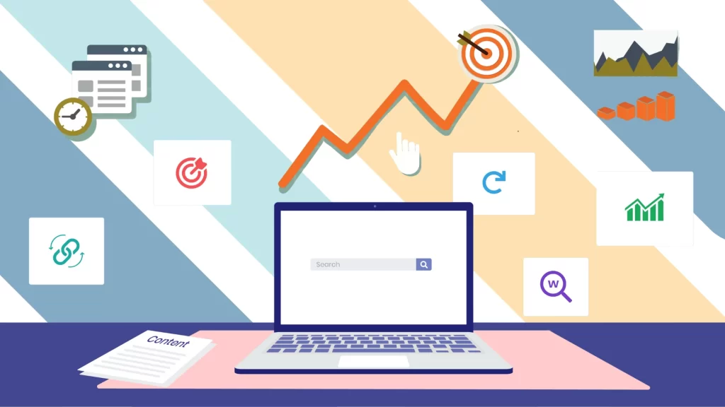  Illustration of a laptop with graphs, SEO icons, and content elements, showcasing strategies to optimize blogs on websites for traffic growth, authority building, and lead generation in tech companies.