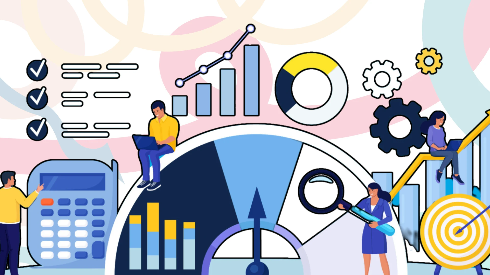 An infographic showcasing essential components of successful marketing campaigns, including data analysis, goal setting, audience targeting, and performance tracking, represented with graphs, checklists, and gears to highlight strategic planning and execution in marketing.