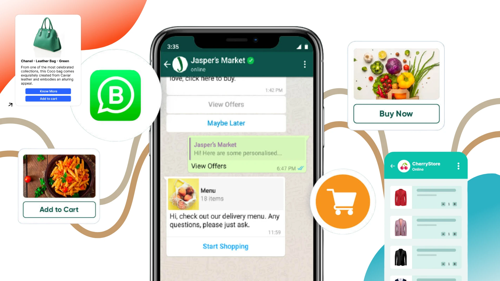 An illustration showcasing the WhatsApp Chatbot with Product catalog for seamless e-commerce, highlighting features like instant browsing, personalized recommendations, and in-app purchasing for enhanced customer engagement and conversions.