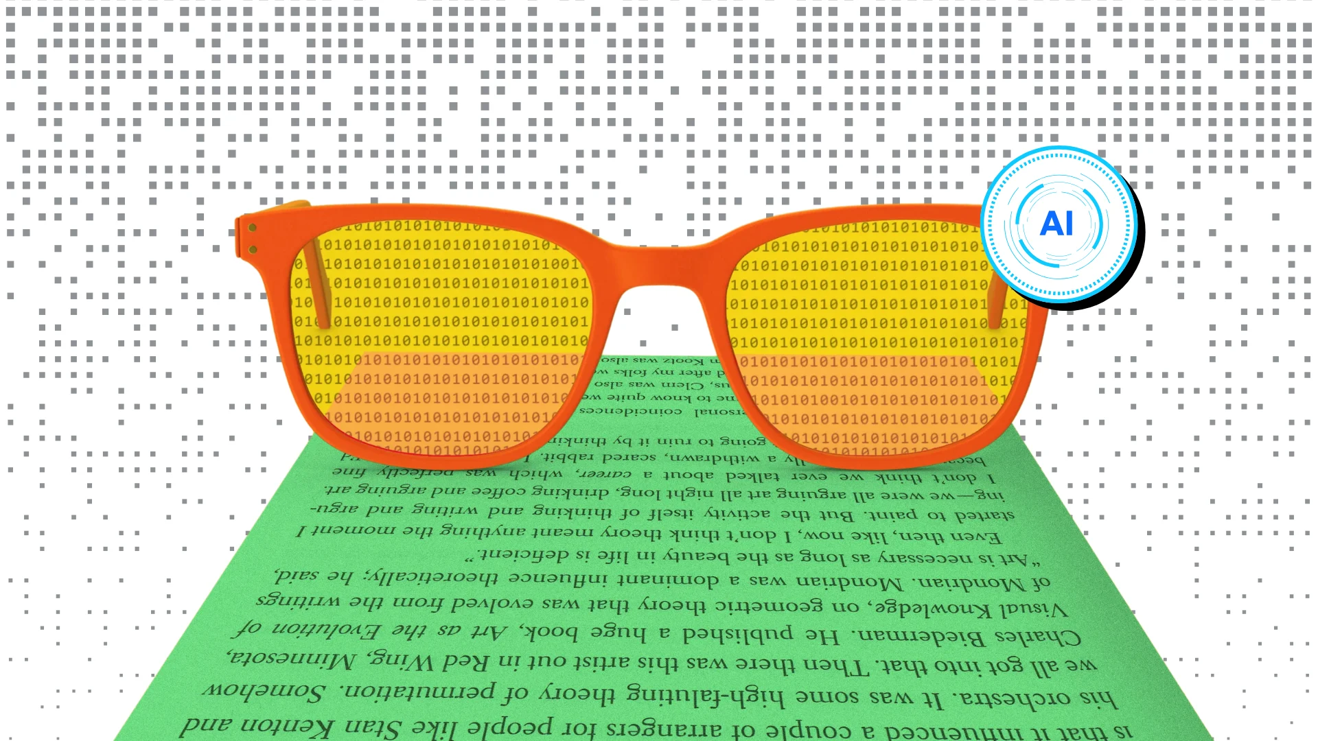 An artistic representation of Humanizing AI Content featuring orange sunglasses reflecting binary code, symbolizing the transformation of AI text into human-like content with improved tone, relatability, and emotional depth, set against a green background of text. This creative visual emphasizes the essence of AI-human synergy.