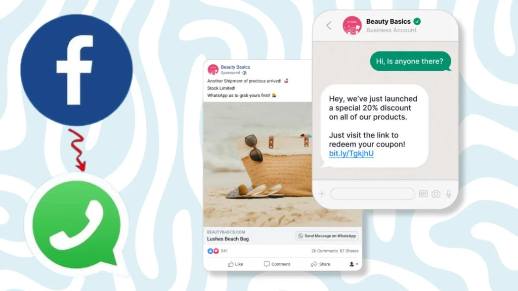 An illustration showcasing the integration of Meta Ads and WhatsApp Advertising, featuring a Beach Bag ad directing users from Facebook to WhatsApp for personalized communication, highlighting seamless engagement and real-time customer interaction.