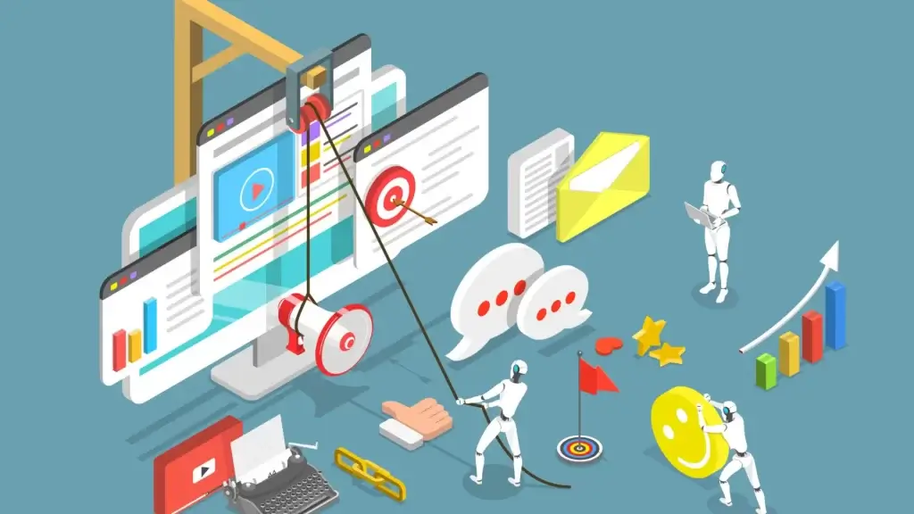 digital marketing tools and automation, featuring robots managing tasks like social media, email marketing, and analytics