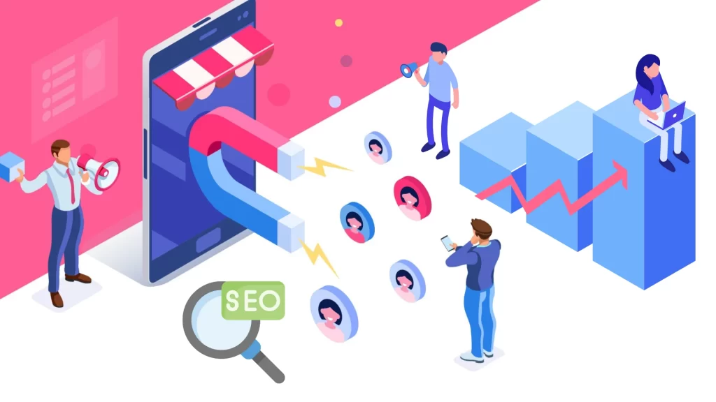 Illustration of SEO driving lead generation with a magnet attracting customer icons, showcasing website SEO's role in increasing traffic and conversions for sustainable business growth.