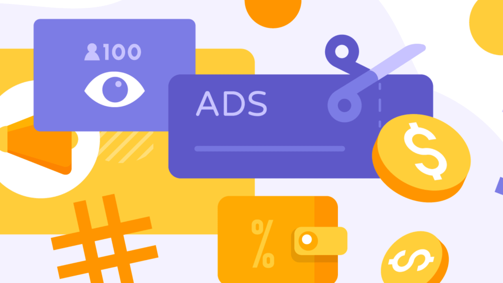 Illustration representing digital advertising, featuring an "ADS" banner, a view count icon, a percentage discount tag, and dollar symbols. The image visually conveys the concept of online ad spending, highlighting financial investment and engagement metrics in digital marketing.