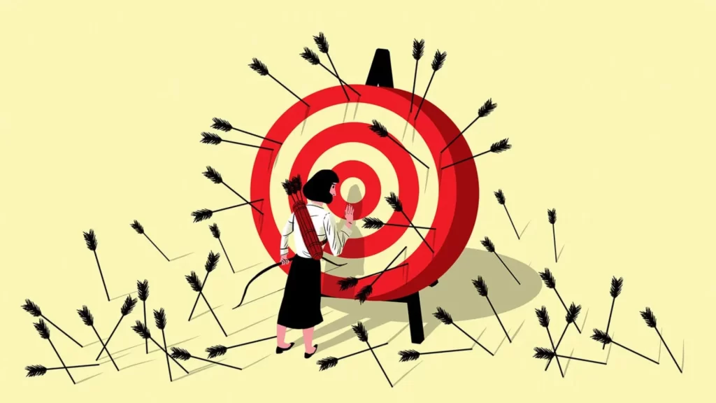 Illustration of a person examining a target board filled with missed arrows, symbolizing ineffective advertising. Many arrows are scattered outside the bullseye, representing wasted ad spend and poor audience targeting.