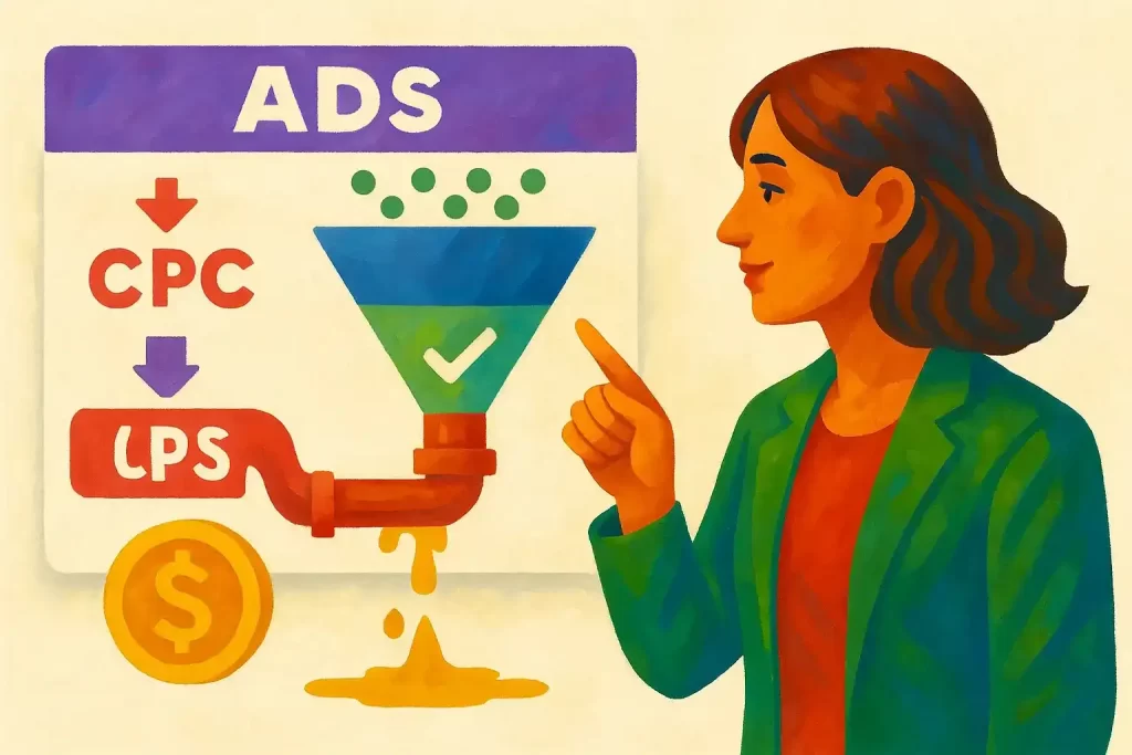 A leaking pipe drips coins to show budget waste, while an intent filter with a green check reduces CPC and lifts LPS