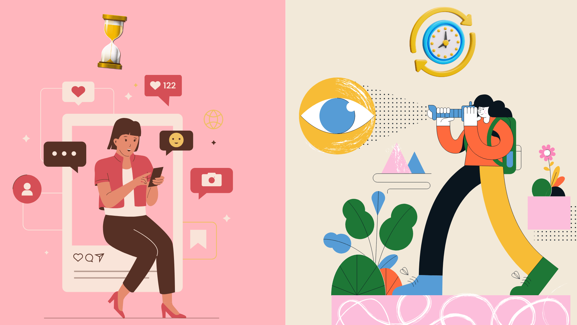 Illustration contrasting social media engagement with long-term brand visibility. On the left, a woman checks notifications and likes, symbolizing short-term clicks and interactions. On the right, a person with a telescope focuses on an eye, representing sustained brand visibility and awareness. This visual emphasizes why visibility matters for long-term brand success.