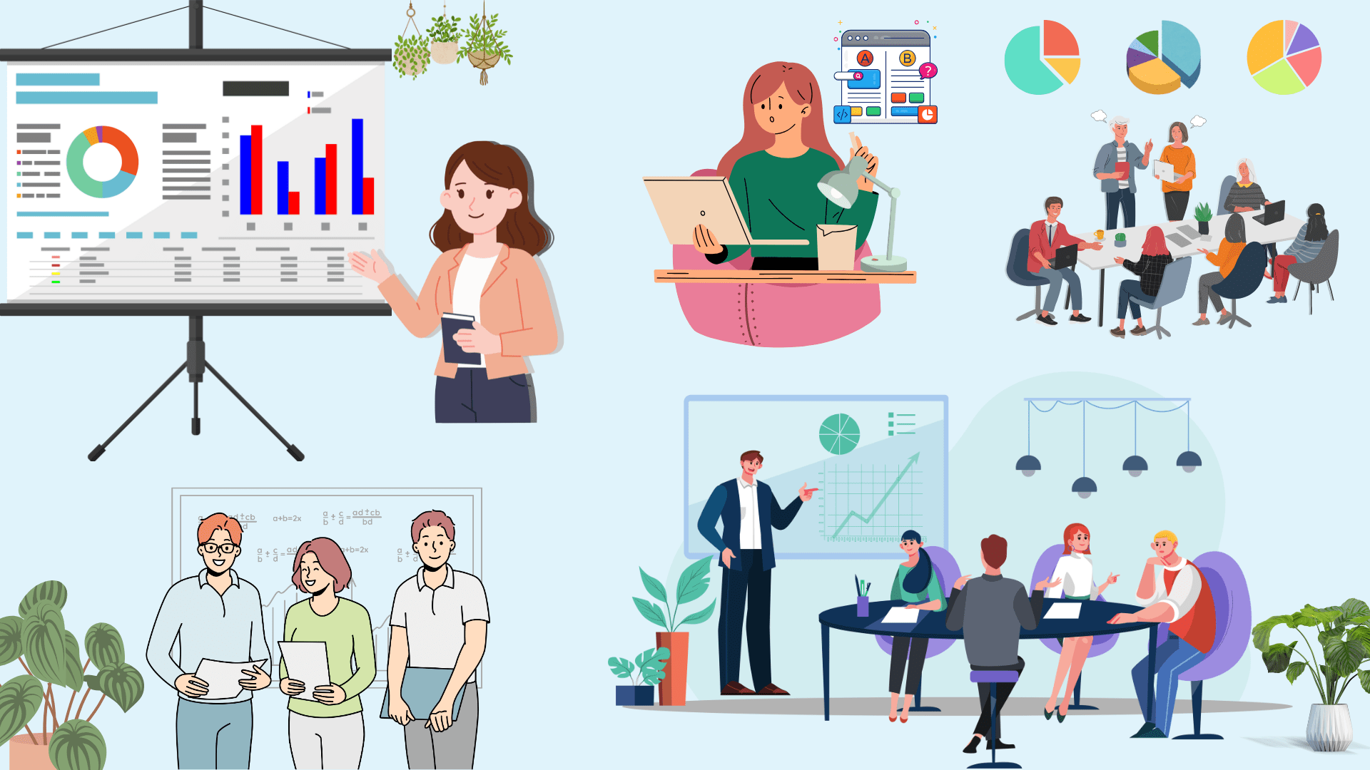 Illustration showcasing the role of digital marketers in product development, including A/B testing, market research, customer insights, data analysis, and strategy meetings for successful product launches.