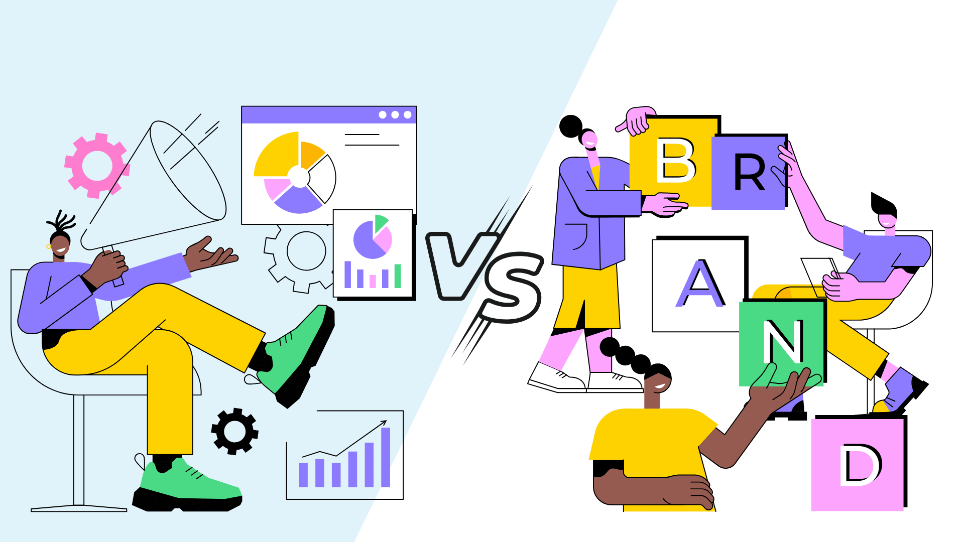 Illustration comparing performance marketing and brand building. On the left, a marketer analyzes charts and graphs, symbolizing data-driven performance marketing. On the right, a team assembles blocks spelling 'BRAND,' representing brand awareness. The image visually contrasts short-term marketing tactics with long-term brand growth.