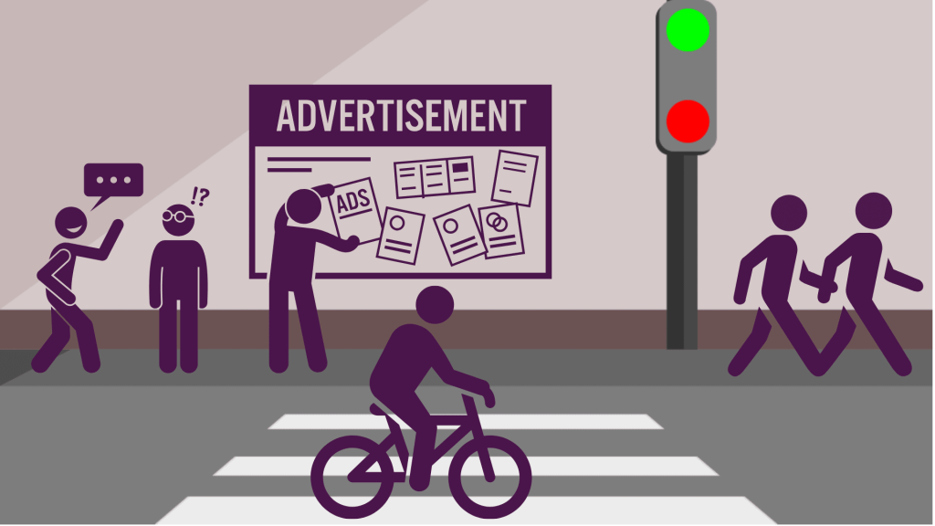 Illustration of an urban scene highlighting ad visibility. A large advertisement board displays various ads, while people walk, cycle, and interact nearby. A traffic signal in the background emphasizes the importance of timing and placement in ad visibility. The image represents how effective ad positioning and targeting influence audience engagement.