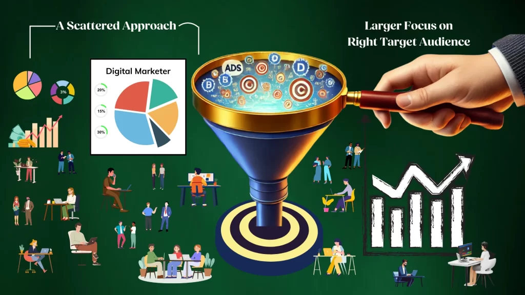 Visual comparison of scattered marketing vs. targeted audience focus, highlighting campaign optimization for better conversions.