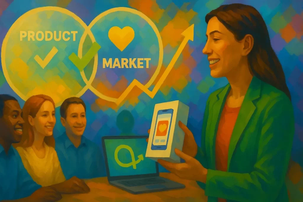 a smiling founder presenting a boxed app to three eager customers