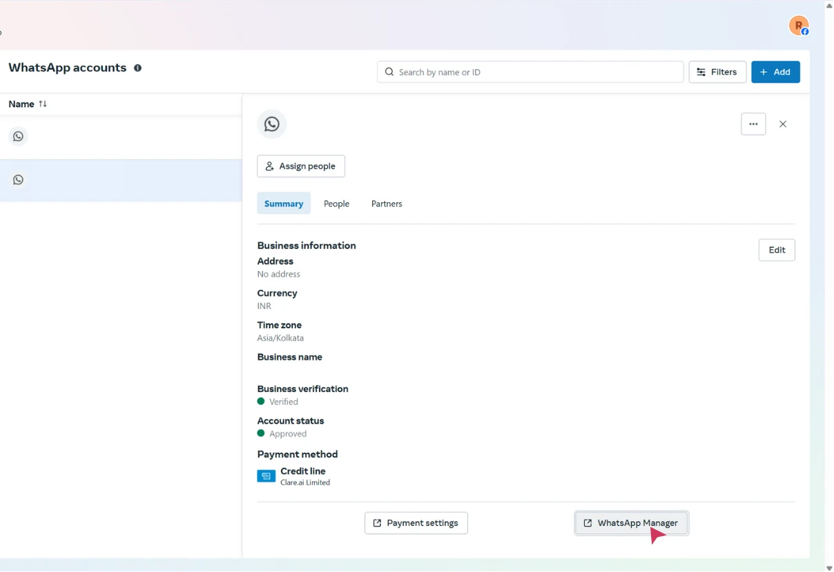 Verified WhatsApp in Meta Dashboard. Meta dashboard showing WhatsApp Business account overview