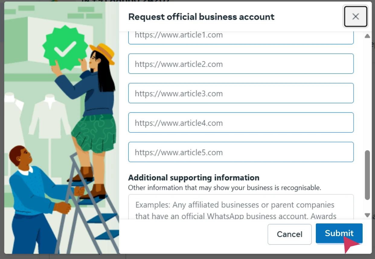 WhatsApp Blue Tick request form. Form screen to add supporting info for WhatsApp business profile