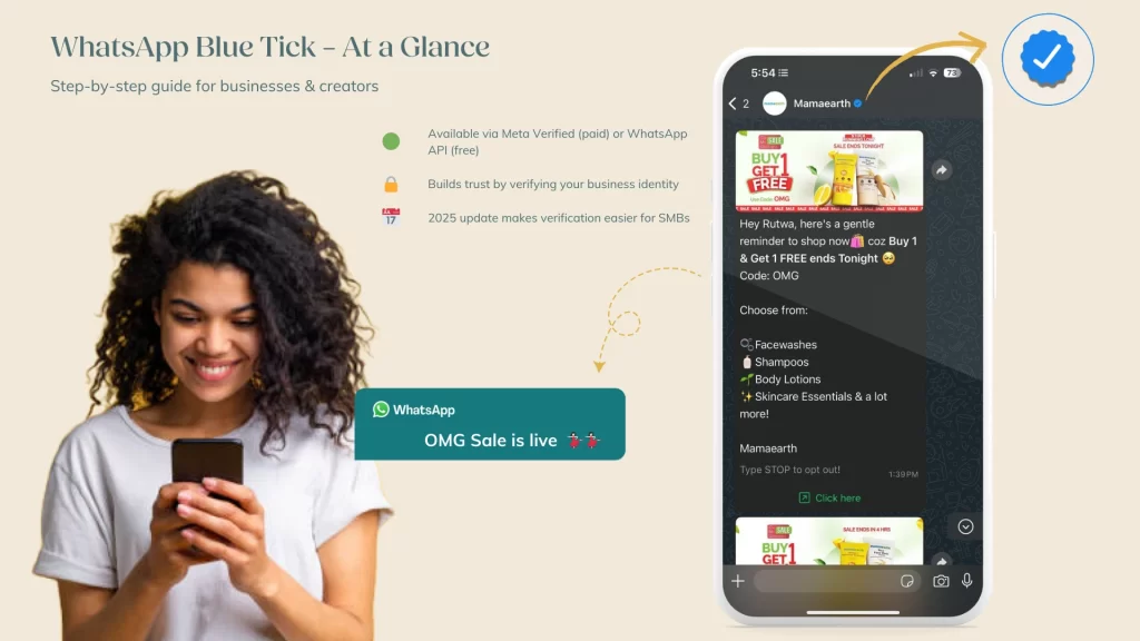 WhatsApp Blue Tick verification example — user viewing verified WhatsApp Business account badge after Meta approval.