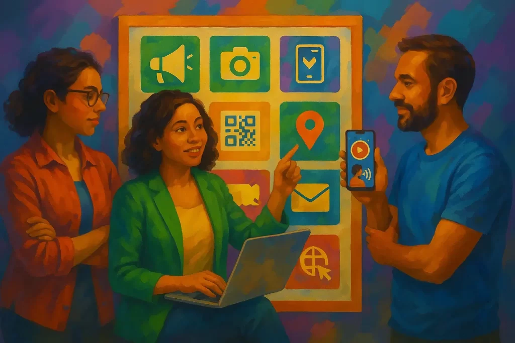 three small-business owners brainstorming 27 low- or no-budget marketing ideas.