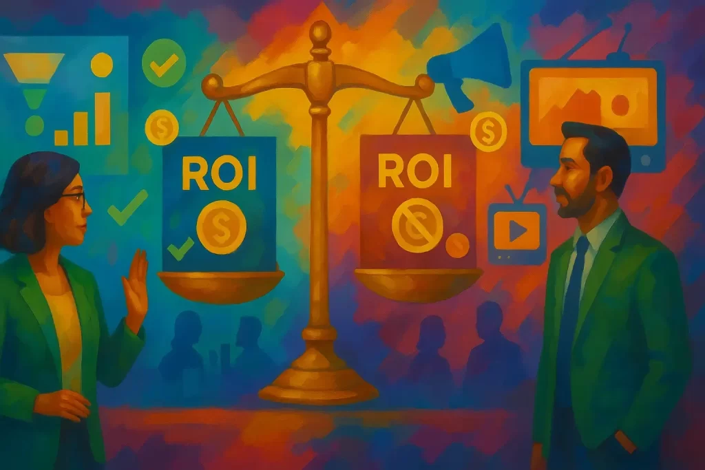 a marketer with analytics icons (funnel, check marks, rising bars) representing performance marketing