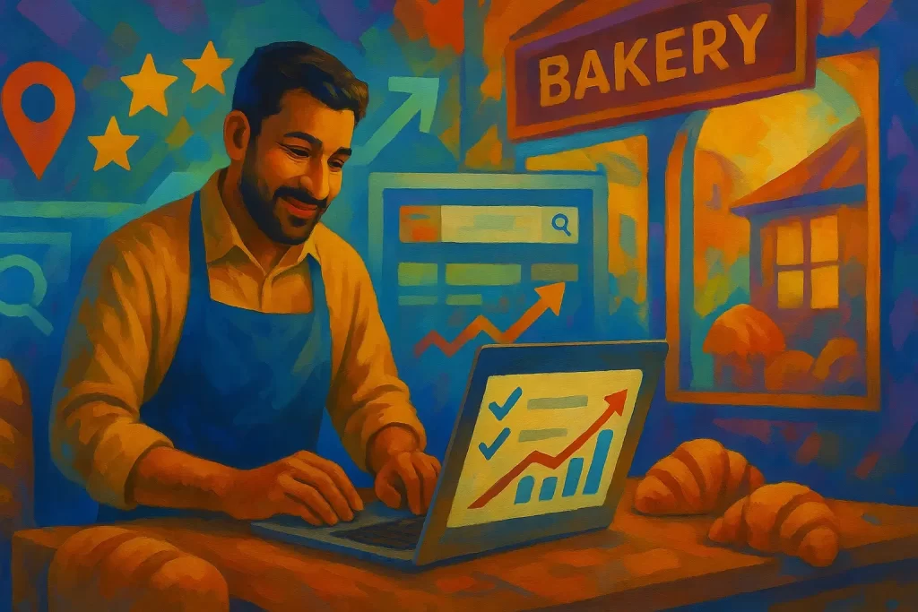 Smiling baker in a blue apron uses a laptop inside his bakery