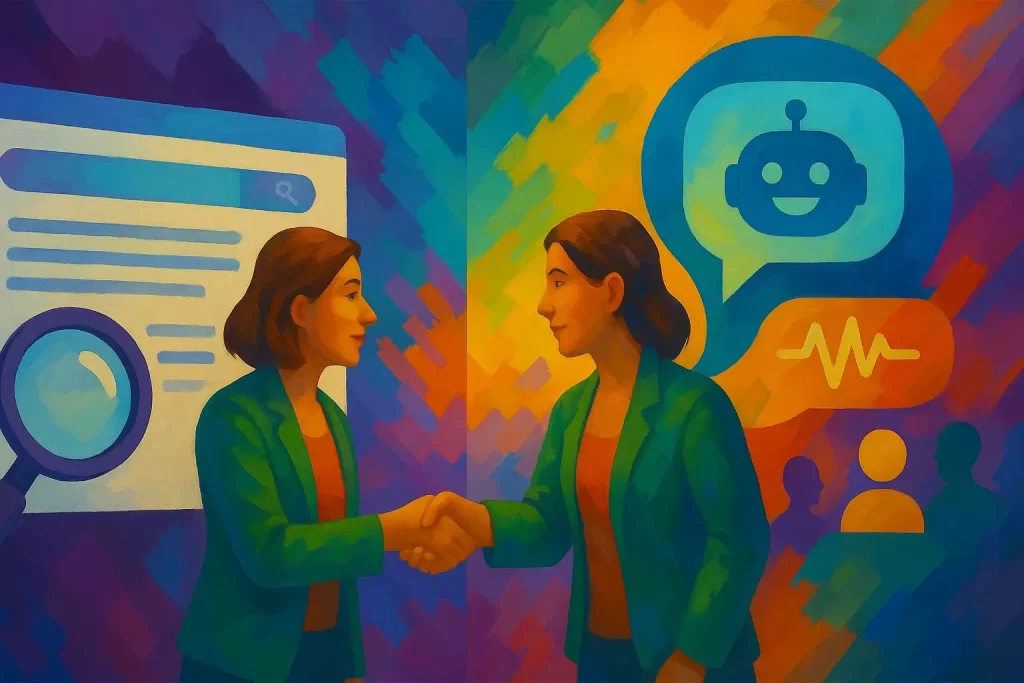 classic SEO with a search results page and magnifying glass