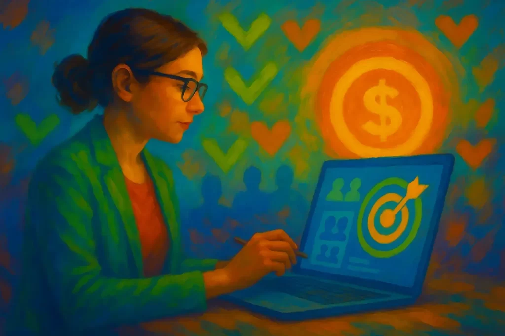 a marketer in a green blazer working on a laptop with a target-and-dollar icon