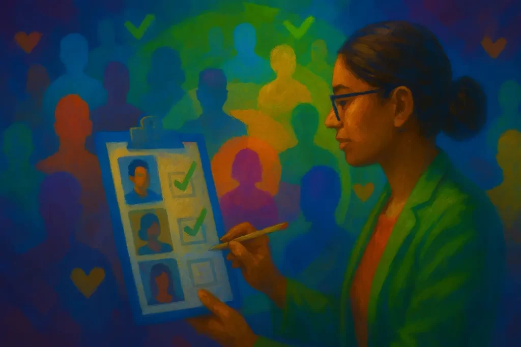 a marketer in a green blazer checking a target-audience checklist on a clipboard