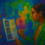 a marketer in a green blazer checking a target-audience checklist on a clipboard